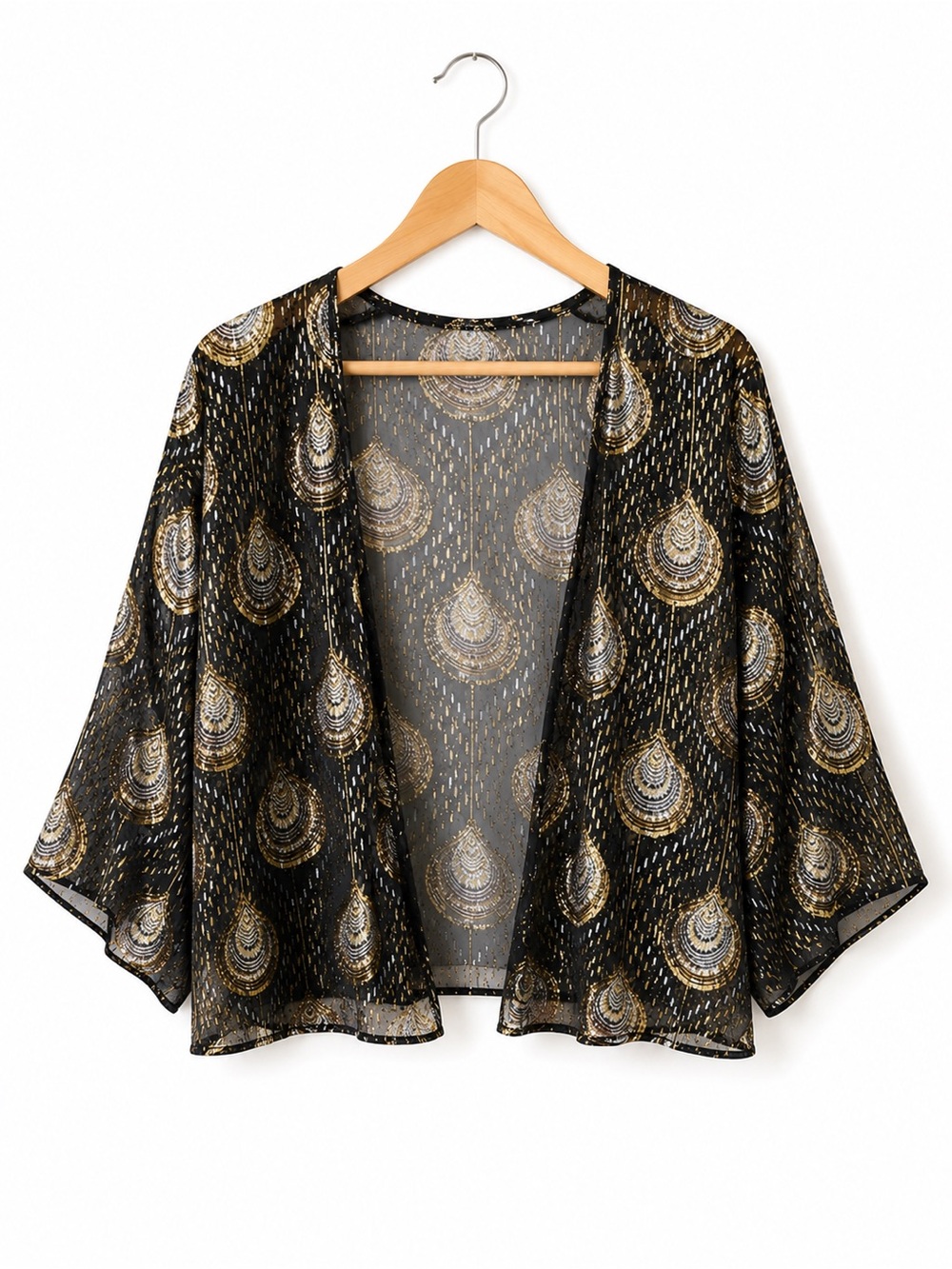 Sheer Black & Gold Metallic Open-Front Kimono Sweater